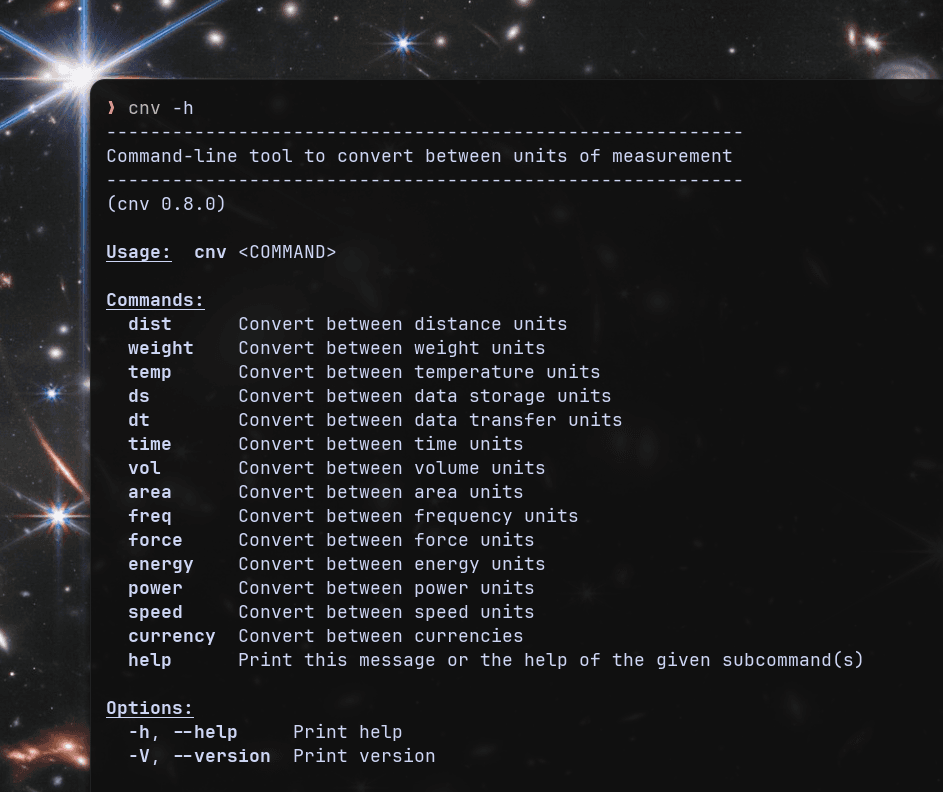 Screenshot of the help command with all the units of measurement supported